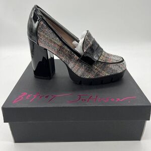 New betsey johnson Adelyn White Plaid 8 Crystal Heeled Loafer Shoes